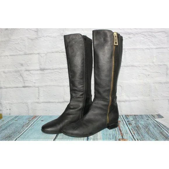 Napoleoni Black Leather Gold Plated Zipper Knee High Boots Size 39 / 9 - Picture 2 of 9